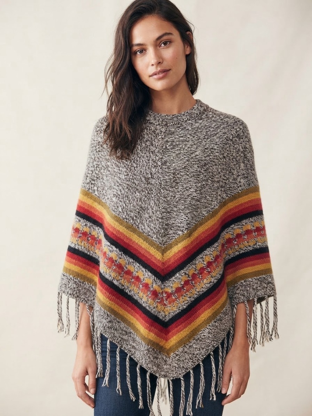 Vintage Alpaca Peru Knit Poncho Cape Wrap with Andean Fringe